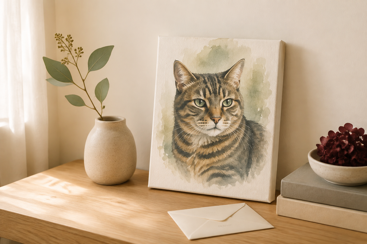 Watercolor pet memorial portrait displayed in a quiet home setting with soft natural light
